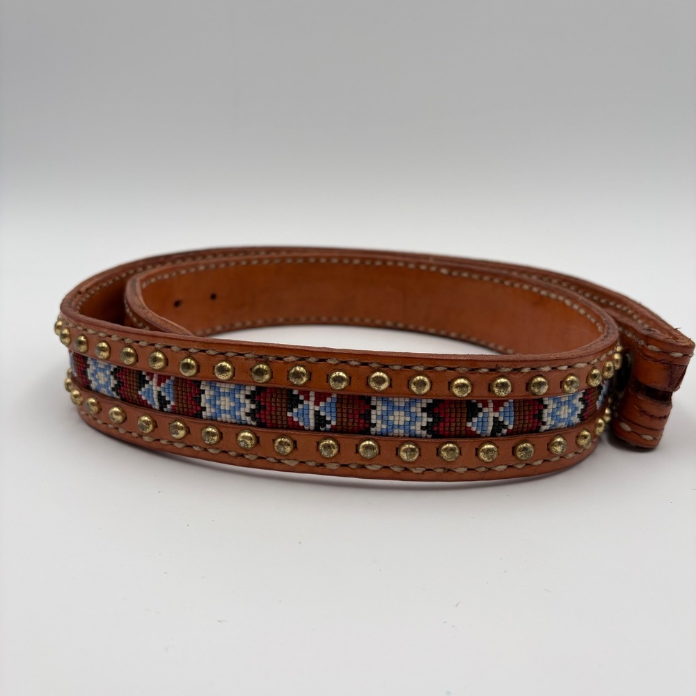Vintage Western Tooled Leather Beaded Studded Belt Tan Floral Geometric 44 Inch